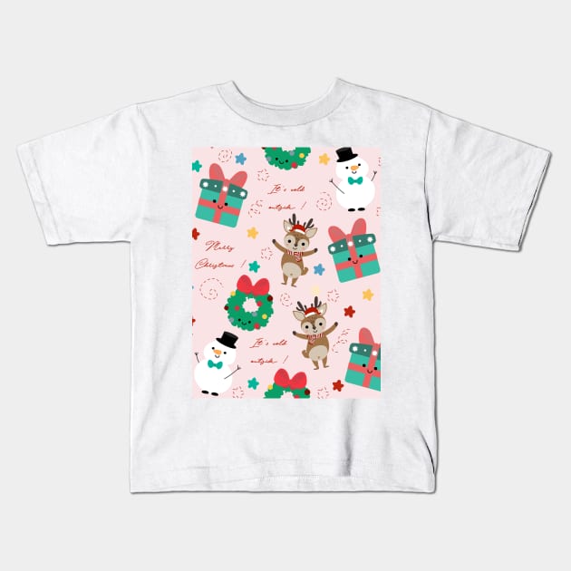 Cute deer and snowman with Christmas elements vector seamless pattern Kids T-Shirt by Arch4Design